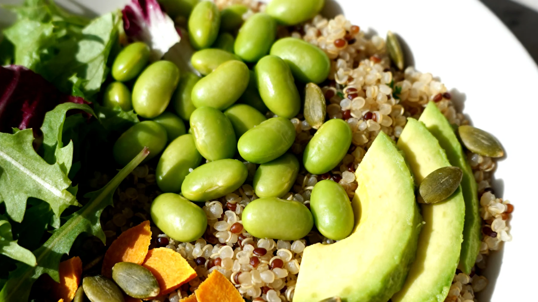 Insalata di quinoa con edamame, semi di zucca e avocado"